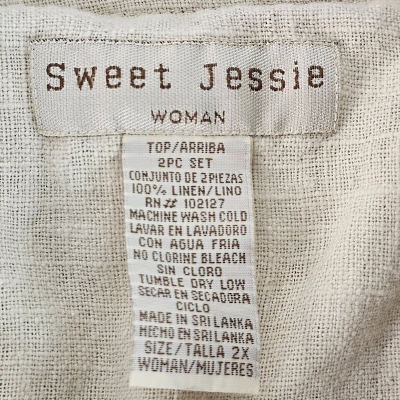 Sweet Jessie Tan Top Blouse 100% Linen Size 2X Front Pockets Button Up Collared - Picture 7 of 9